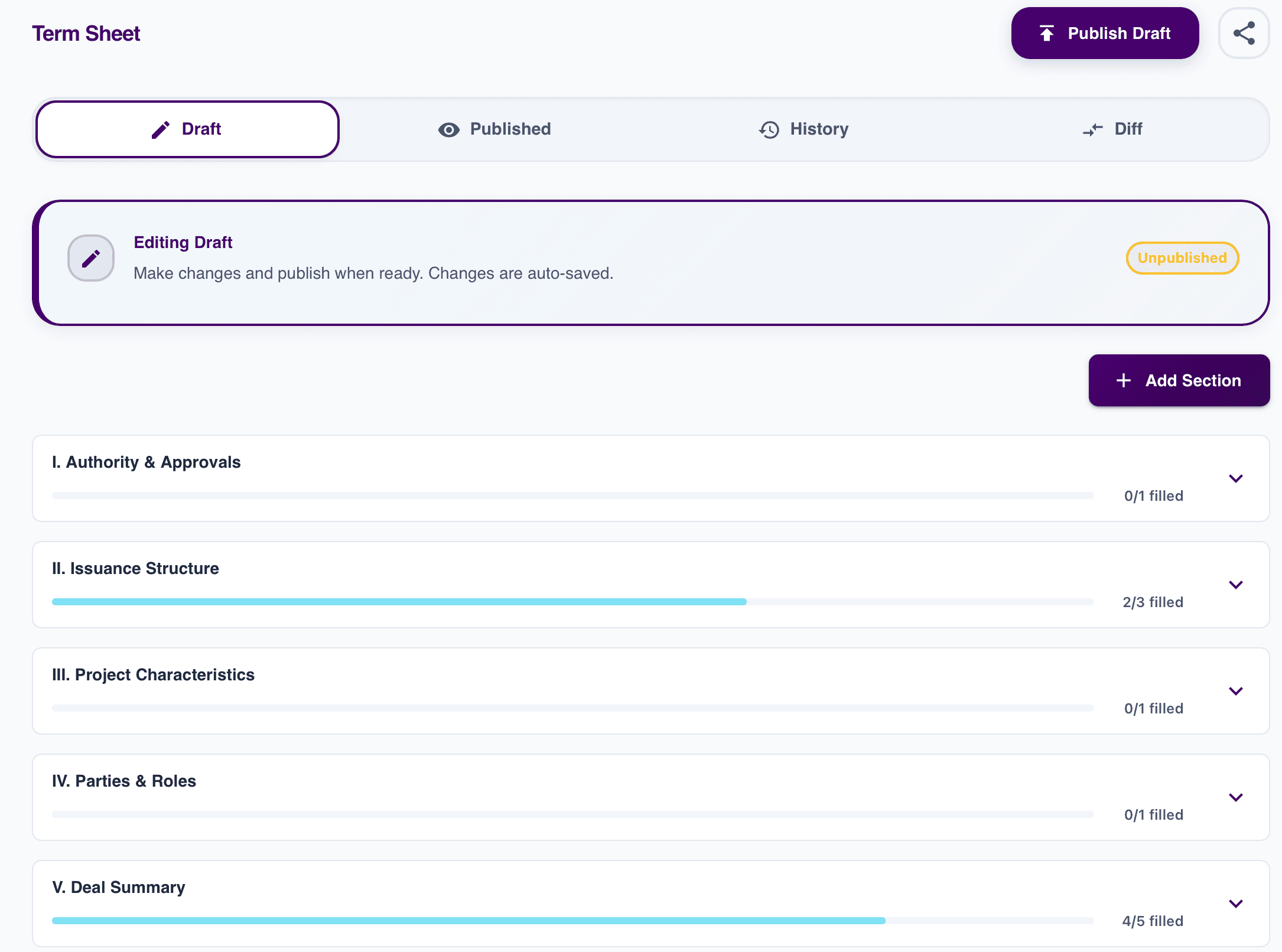 MuniFlow Versioned Term Sheet showing draft and revision tracking capabilities